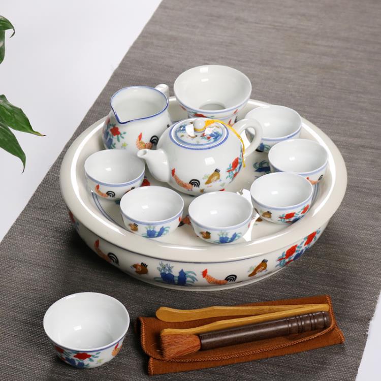 中式家用雞缸杯茶具套裝仿古大明成化斗彩茶杯陶瓷茶盤茶壺禮盒裝 全館免運