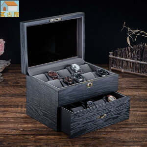 木質家用手錶收納盒雙層帶鎖黑色手串機械腕錶飾品收藏展示盒