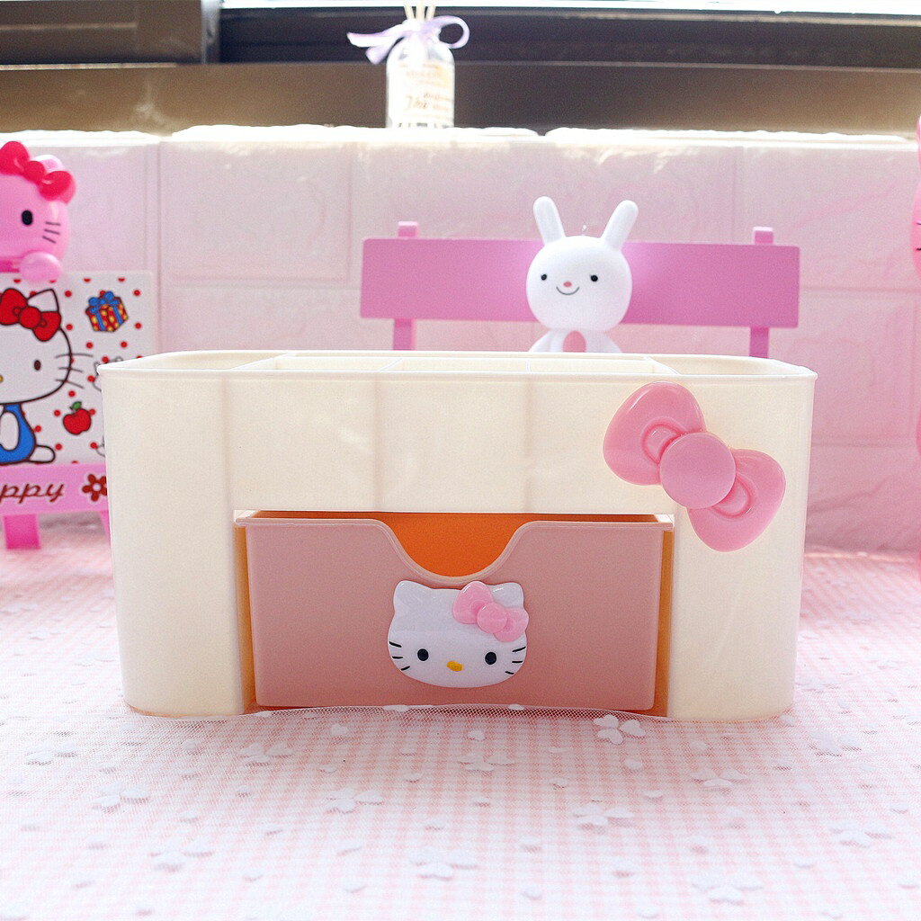 現貨 HelloKitty桌面收納盒 可愛卡通化妝品首飾整理抽屜式 塑膠辦公桌收納盒