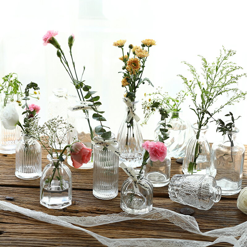 北歐輕奢浮雕玻璃花瓶透明插花干鮮花水培客廳裝飾擺件家居電視柜