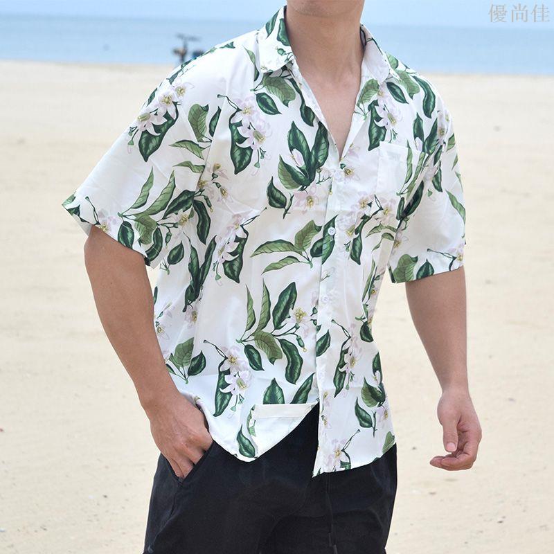 呦咕夏季寬松休閒短袖沙灘港風復古夏威夷冰絲襯衫透氣印花上衣