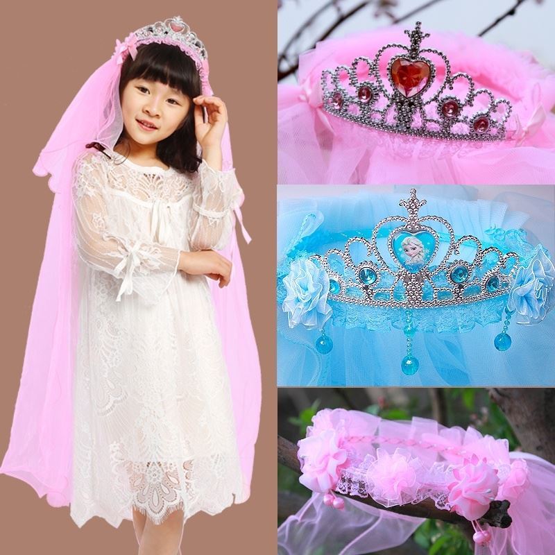 兒童皇冠頭紗發箍發卡女童頭花公主披紗花童頭飾發飾小女孩紗花。