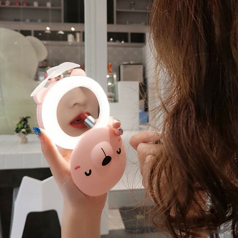 小豬ins化妝鏡usb可充電神器折疊便攜卡通可愛迷你led燈小風扇