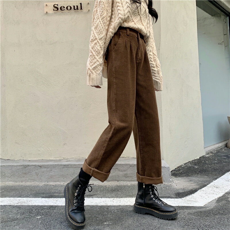 燈芯絨闊腿褲韓版休閑復古時尚秋冬高腰修身褲子女2021新款洋氣