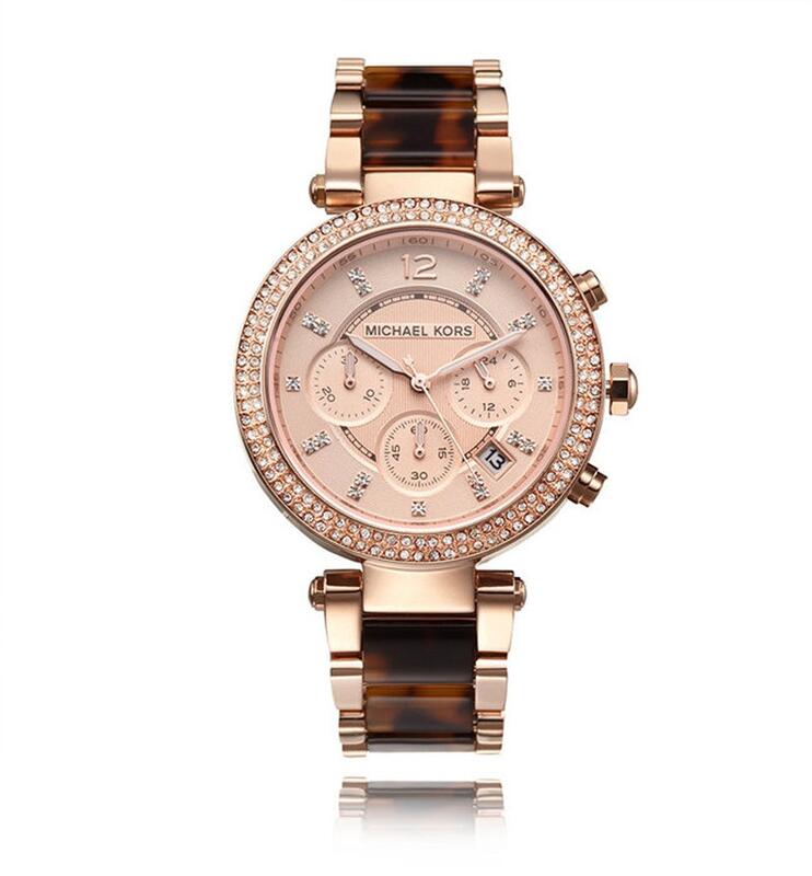 『Marc Jacobs旗艦店』美國代購 MK5538 Michael Kors 三眼六針機雙排鑲鉆錶盤玫瑰金玳瑁腕錶