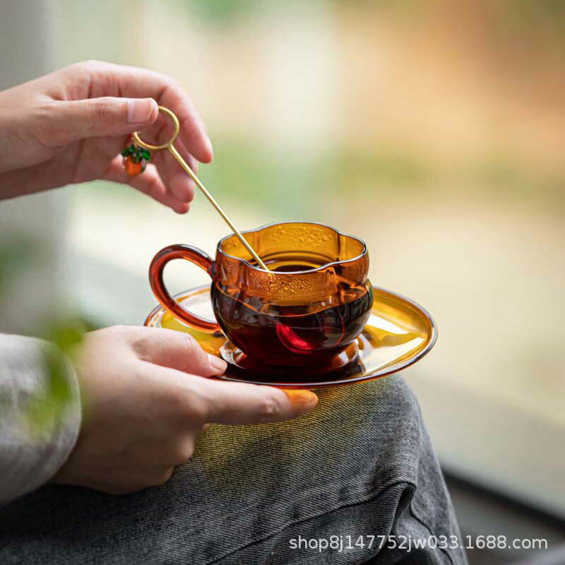 四葉草玻璃透明花茶水杯高檔咖啡杯碟綠茶杯多色輕奢高顏值三件套