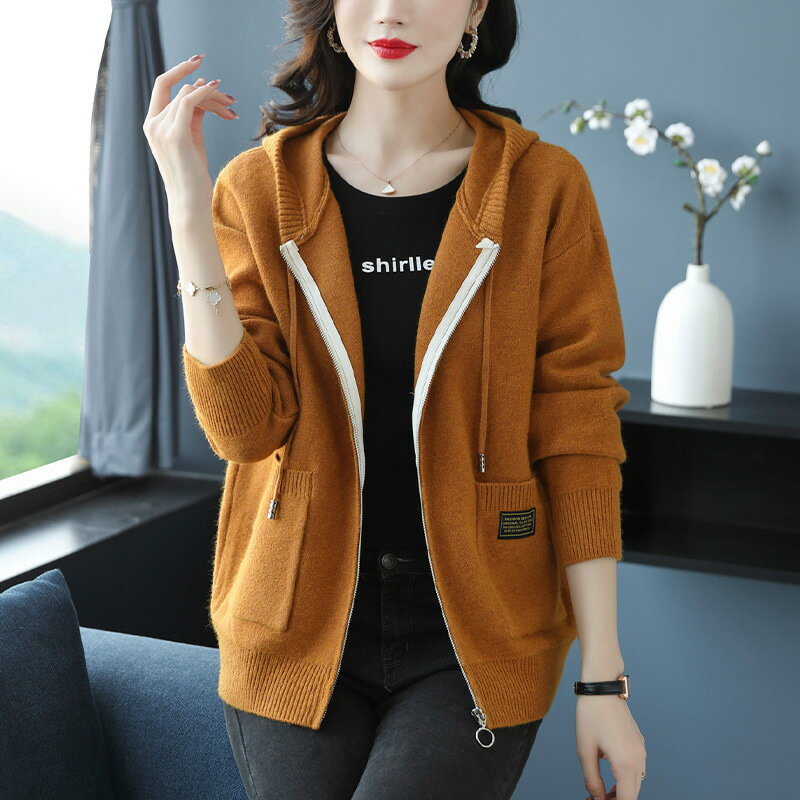 外套 女裝 休閒外套 時尚外套 保暖外套  連帽毛衣外套女寬鬆拉鍊針織開衫2025秋季女裝帶帽衛衣春秋外搭潮 0