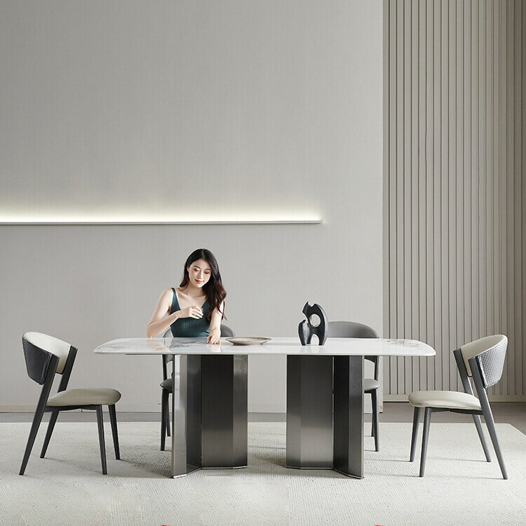 【免運】美雅閣| 意式輕奢亮光巖板餐桌家用小戶型吃飯桌子現代簡約長方形桌椅組合