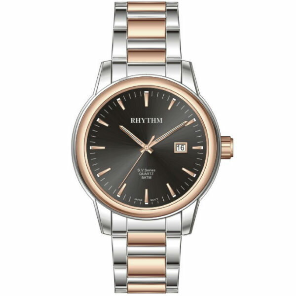 Rhythm 日本麗聲鐘時針 大眾系列日期顯示簡約腕錶 (GS1610S10) 玫瑰金x黑 / 24mm｜樂天全館特惠中★指定刷卡回饋10%