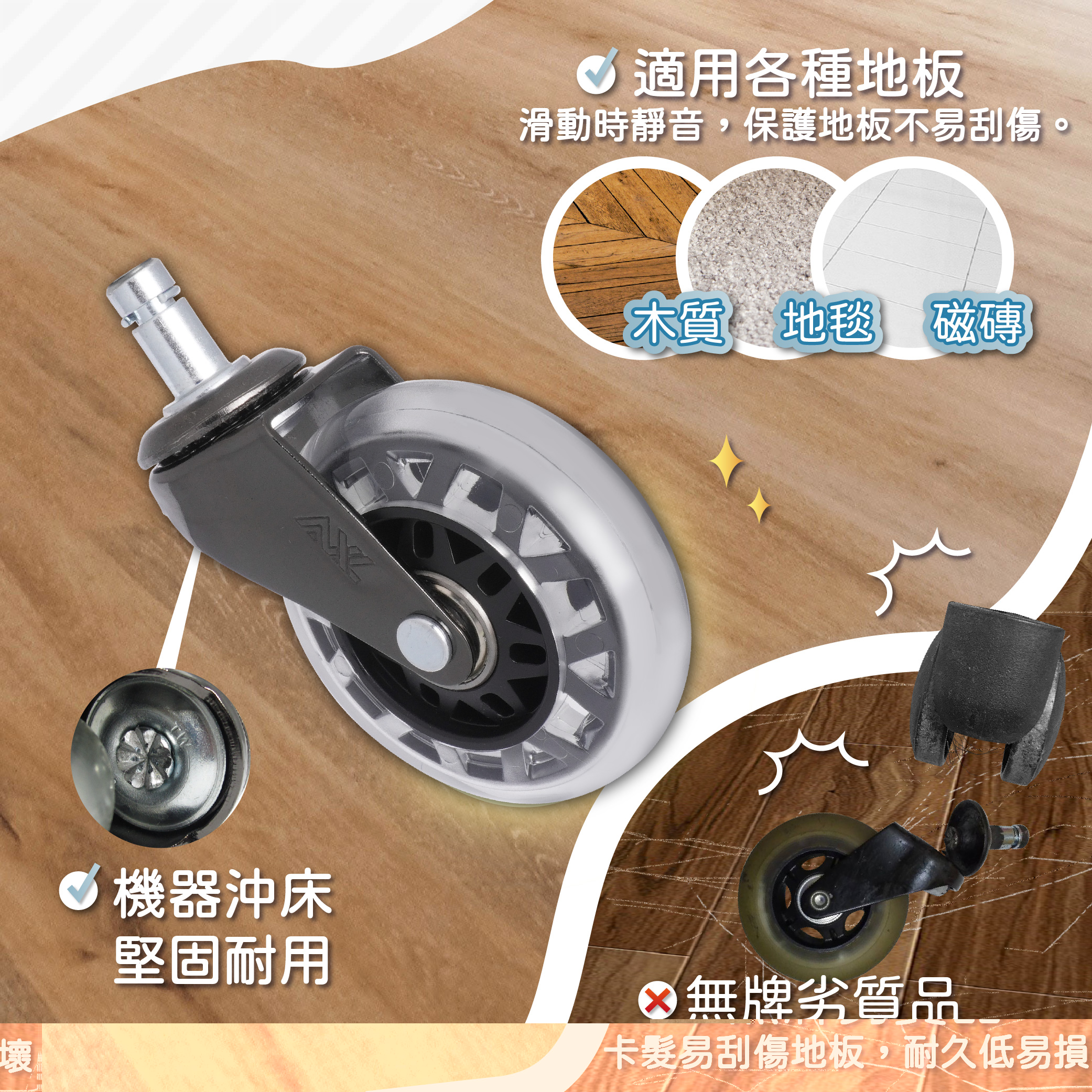 AXL辦公椅輪- 3英吋精培復古斜角大星透, PVC溜冰輪設計、靜音好滾不刮地、電競椅輪子、椅子輪子、桌椅腳輪 2