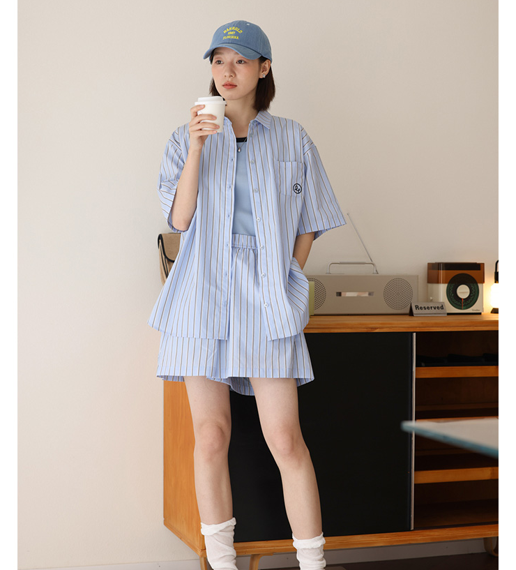 短袖套裝條紋刺繡短袖襯衫時尚百搭女松緊腰短褲兩件套