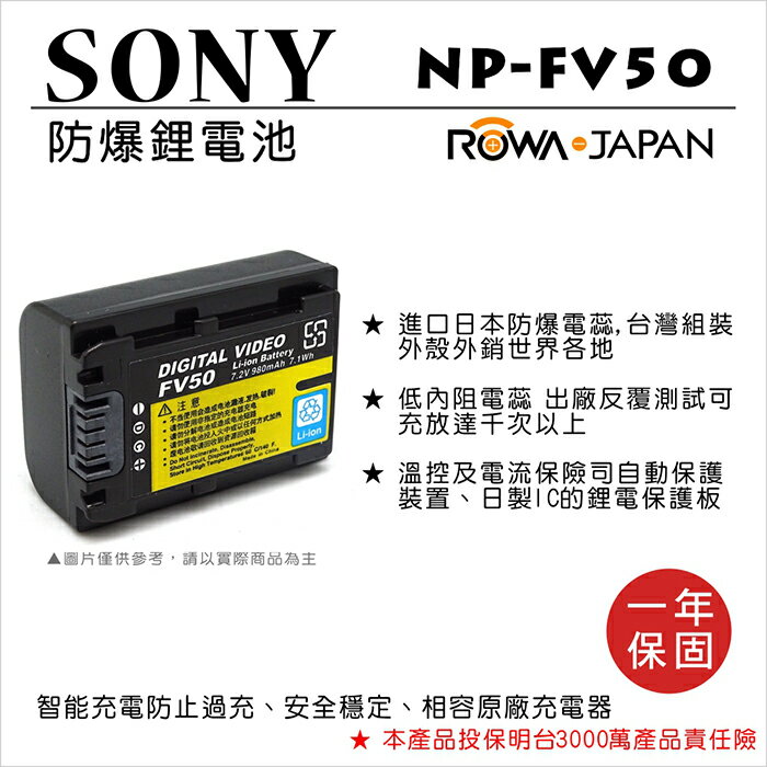 ROWA 樂華 FOR SONY NP-FV50 NPFV50 電池 外銷日本 原廠充電器可用 全新 保固一年