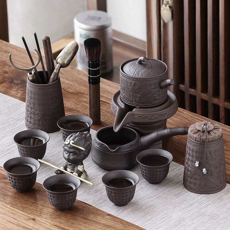 [臺灣公司貨 可開發票]紫砂文竹自動茶具小套裝家用辦公室會客懶人泡茶神器防燙功夫茶杯