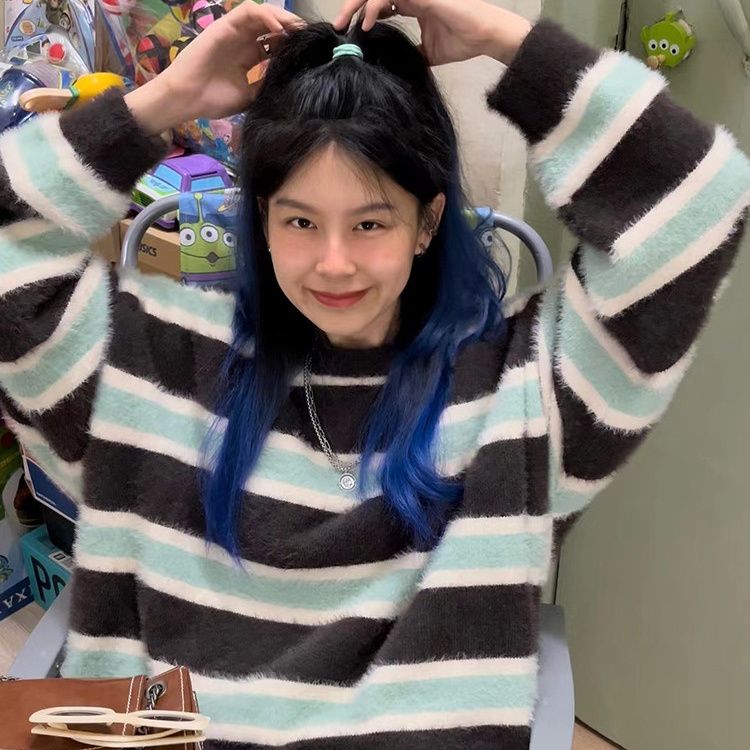 可打統編 Dipai 軟糯慵懶風水貂毛條紋毛衣男女寬松百搭oversize情侶針織衫 5