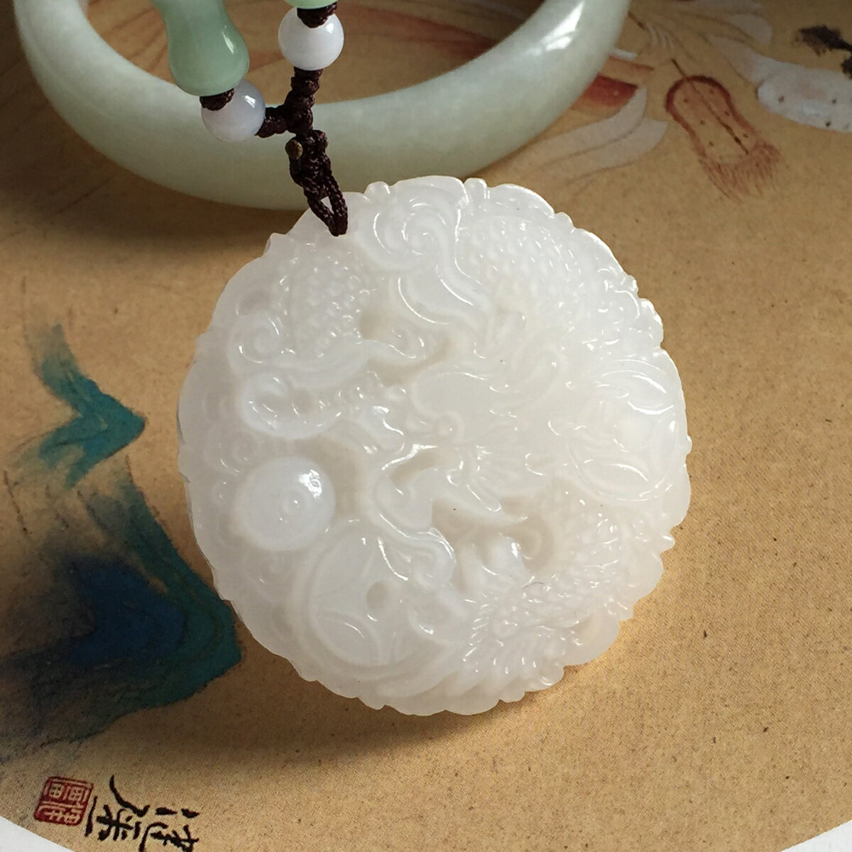 正品天然玉石阿富汗白玉圓金錢龍吊墜男女款生肖龍掛件玉墜玉佩