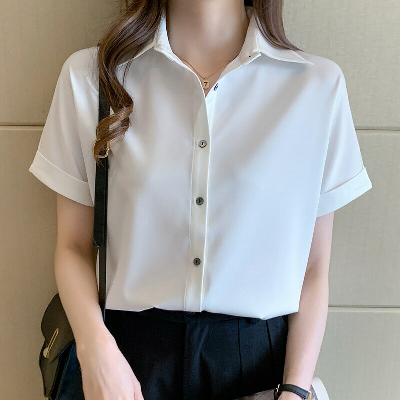 楓林宜居 白色2022緞面短袖襯衫女夏正裝職業氣質綢緞上衣通勤面試襯衣