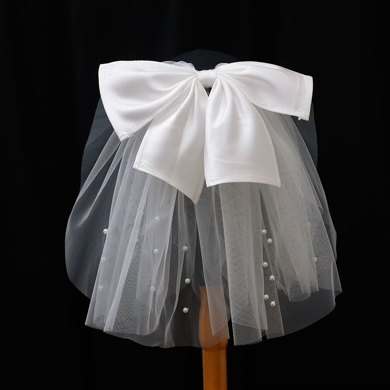 森系新娘頭紗簡約韓式蝴蝶結蓬蓬頭飾短款寫真超仙百搭婚紗配飾品