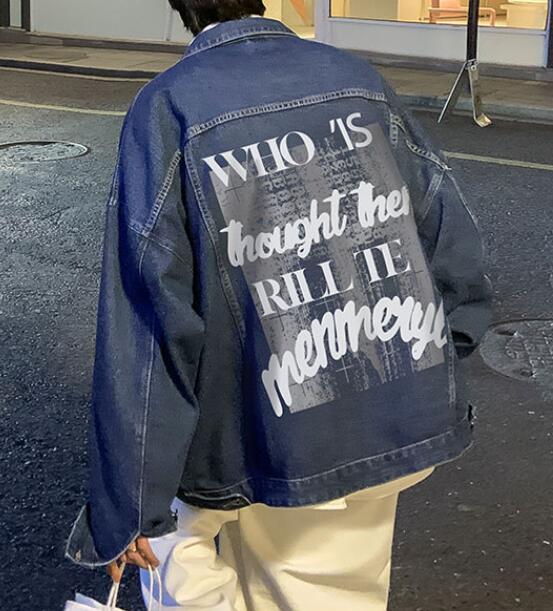 FINDSENSE X 2022 街頭時尚 男士 寬鬆大尺碼 復古 美式字母圖案 牛仔外套