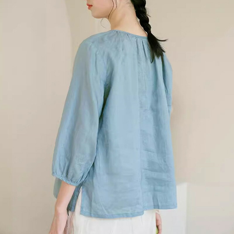 【巴黎精品】T恤七分袖上衣-春夏亞麻圓領寬鬆女裝a1gq28