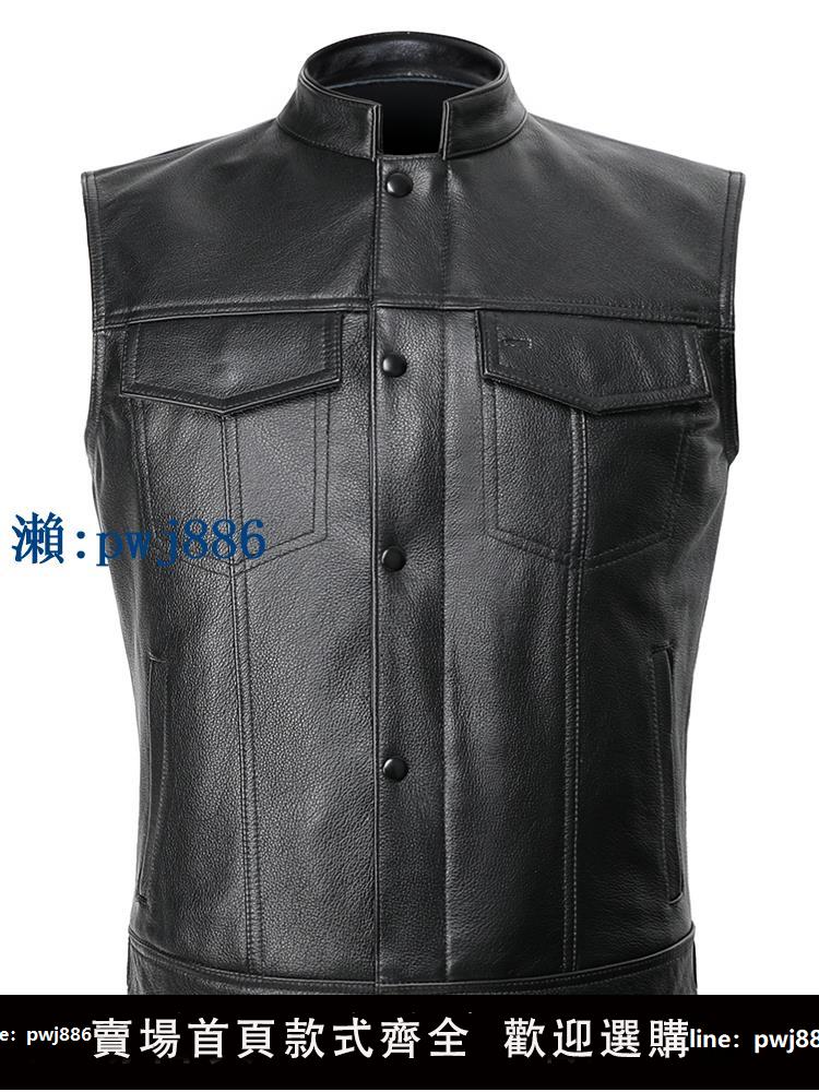 【物美價廉】特價真皮馬甲男頭層牛皮皮衣騎行背心混亂之子哈雷機車車隊馬甲