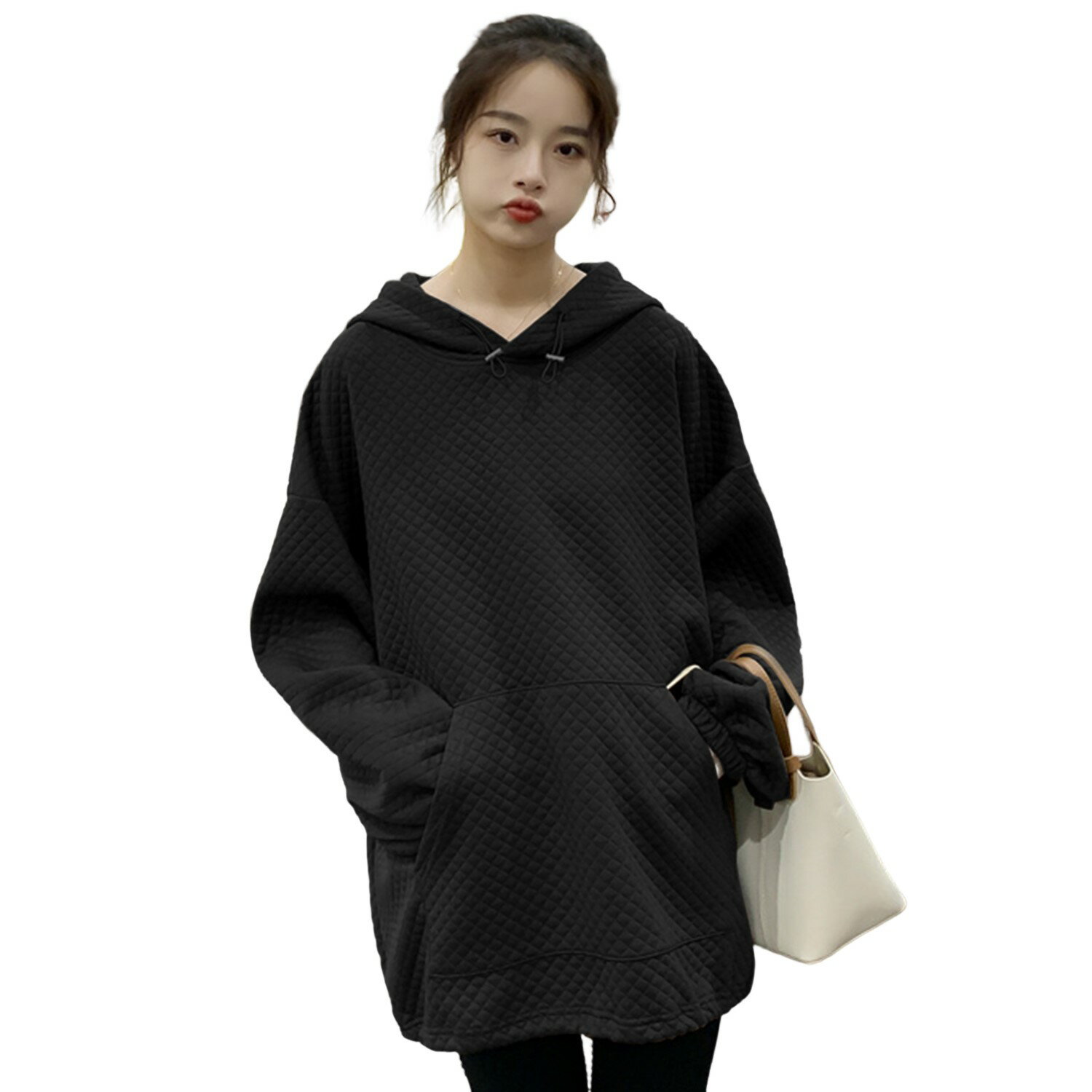 連帽上衣--慵懶風菱格夾棉束口袖袋鼠口袋連帽長袖上衣(黑.咖.杏XL-4L)-X520眼圈熊中大尺碼 1