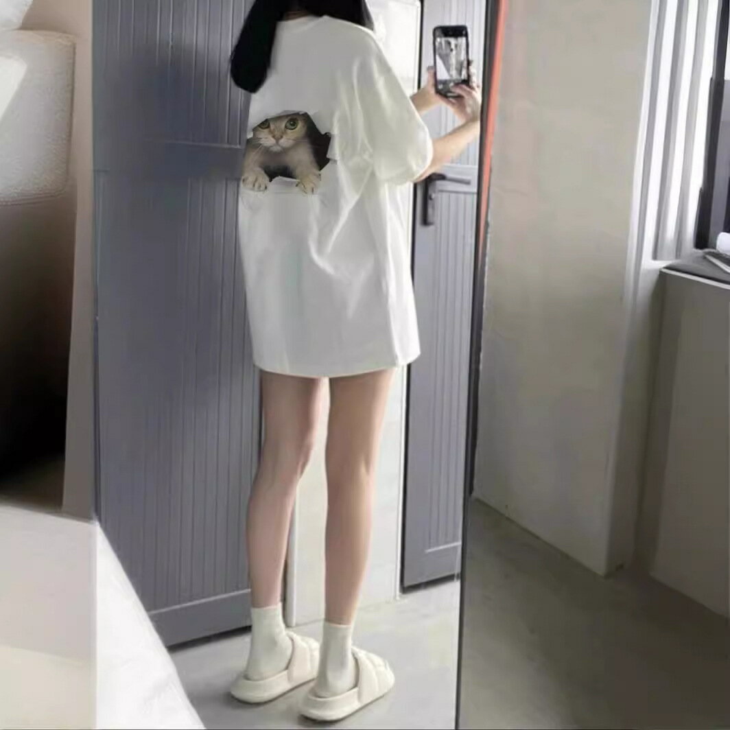 跨境貓咪印花短袖圓領T恤女夏季新款韓版學院風寬松白色上衣女潮