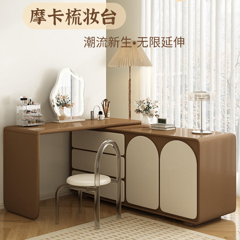 【限時優惠】48h出貨丶法式奶油風烤漆梳妝檯鬥櫃一體轉角書桌實木化妝桌伸縮簡約高階感