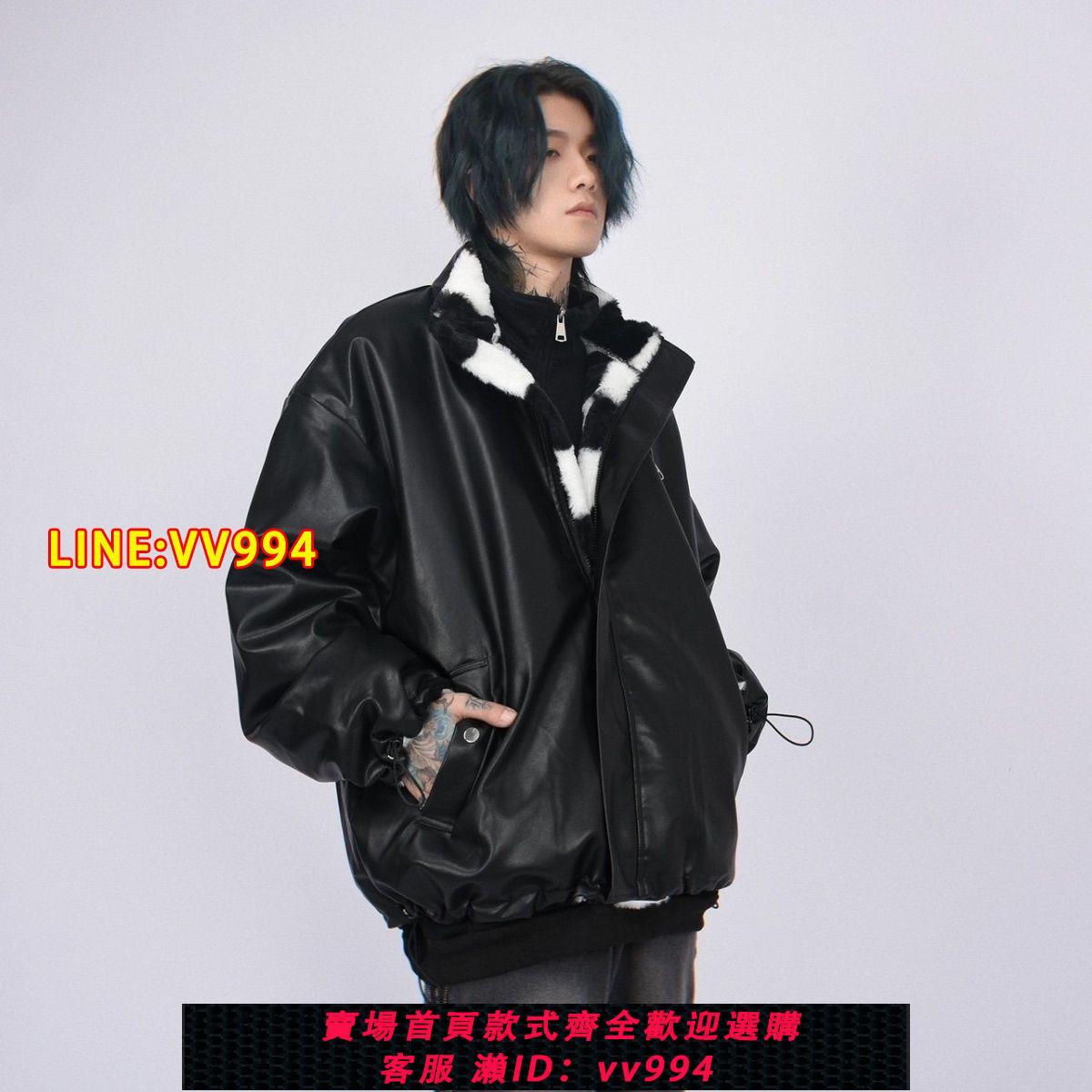 可打統編 黑色pu皮棉服外套女冬季美式復古兩面穿設計感小眾寬松百搭棉衣