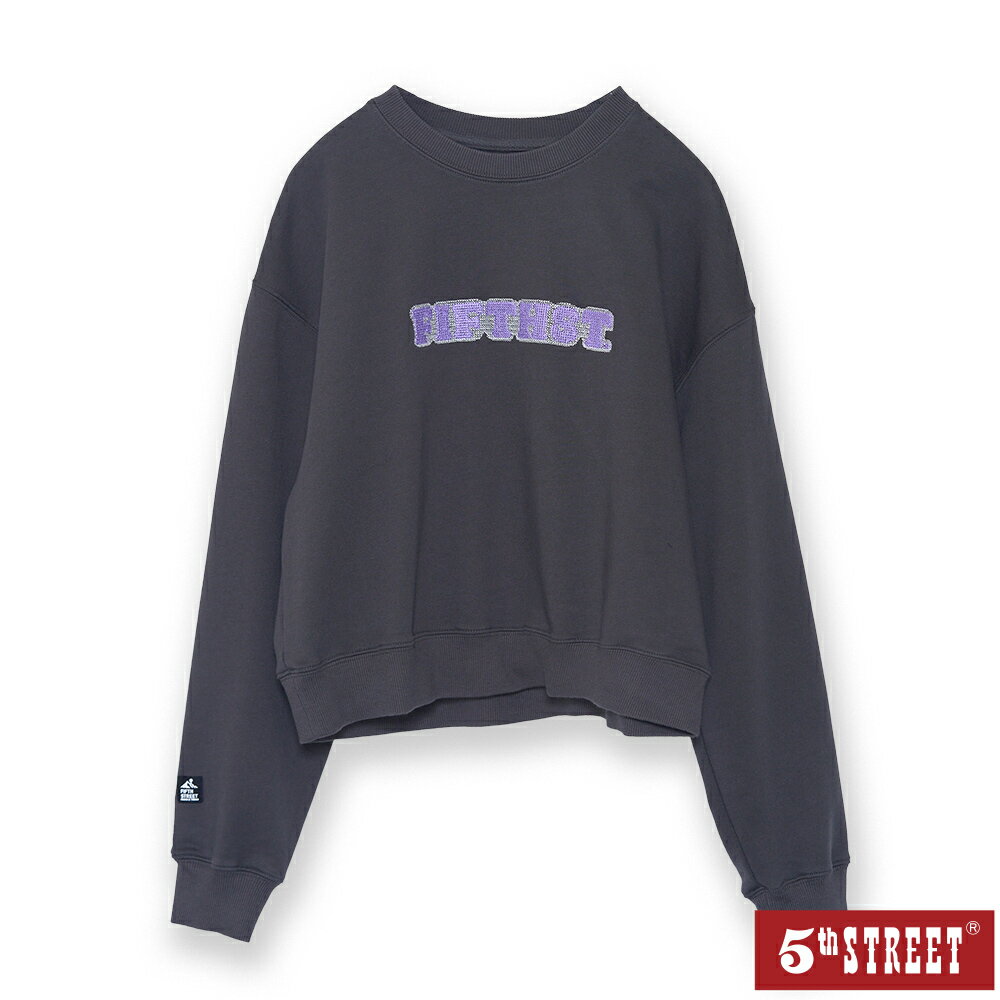 女裝 大學T 長袖 短版 上衣 TEE 立體感繡花 黑灰色 (560976) 【5th STREET】【APP下單天天10%回饋】 治裝激推 最高折426