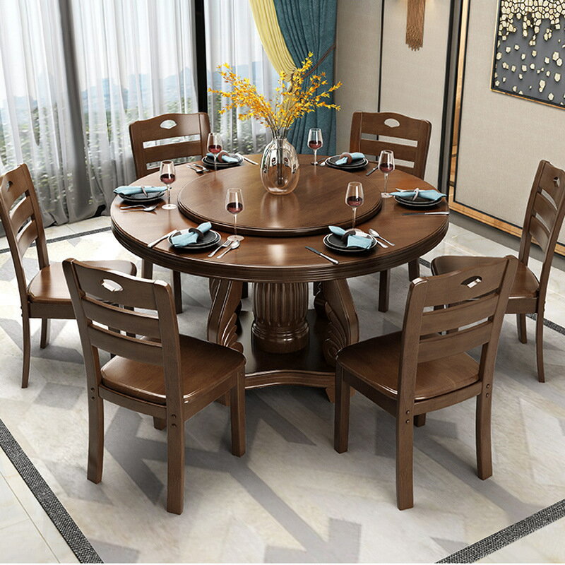 楓林宜居 圓桌中式現代簡約餐桌椅子帶轉盤家用飯桌圓形桌子實木餐桌椅組合