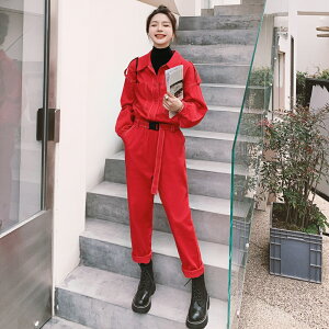 紅色工裝連身褲女春秋高級感連身褲套裝時尚氣質小個子