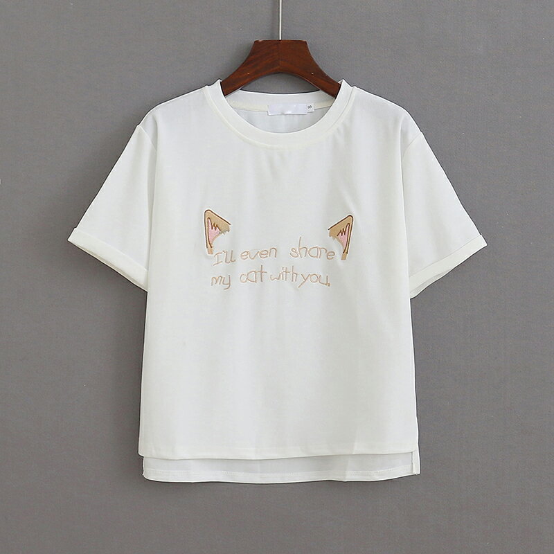 刺繡卡通字母T恤 女夏季新款錯層寬松體恤套頭打底圓領上衣R/14-2
