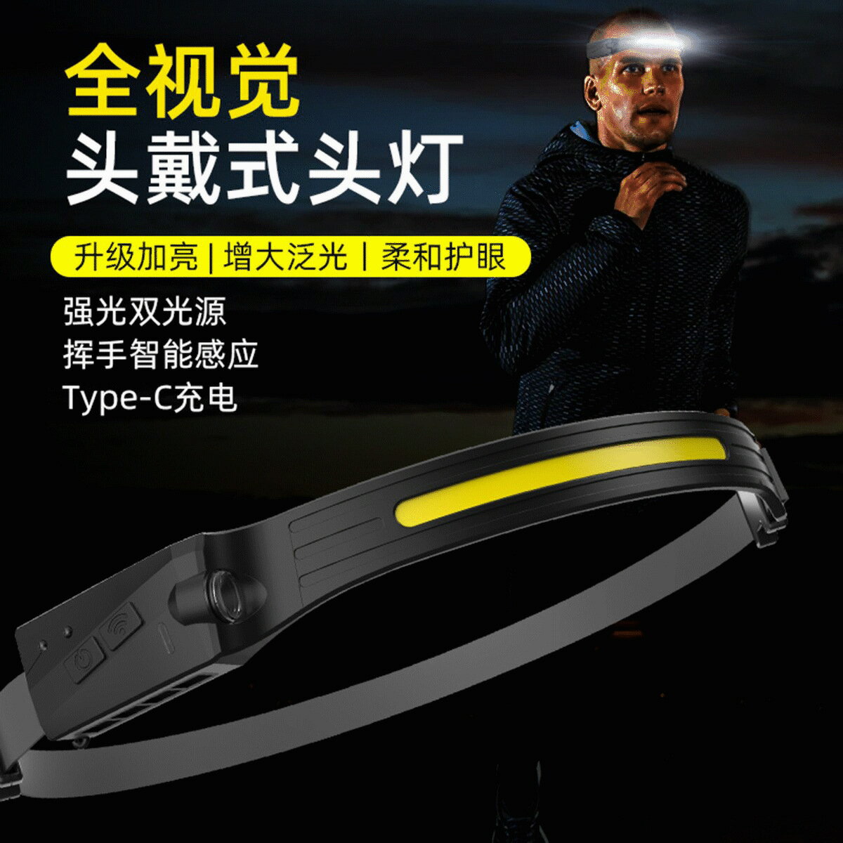新款矽膠揮手感應COB頭燈 戶外騎行燈USB充電夜跑步燈LED強光頭燈