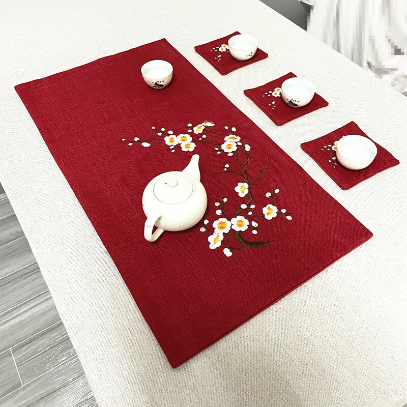 棉麻刺繡梅花茶席麻布茶墊禪意桌旗布藝茶毯茶桌香席茶藝配件加厚