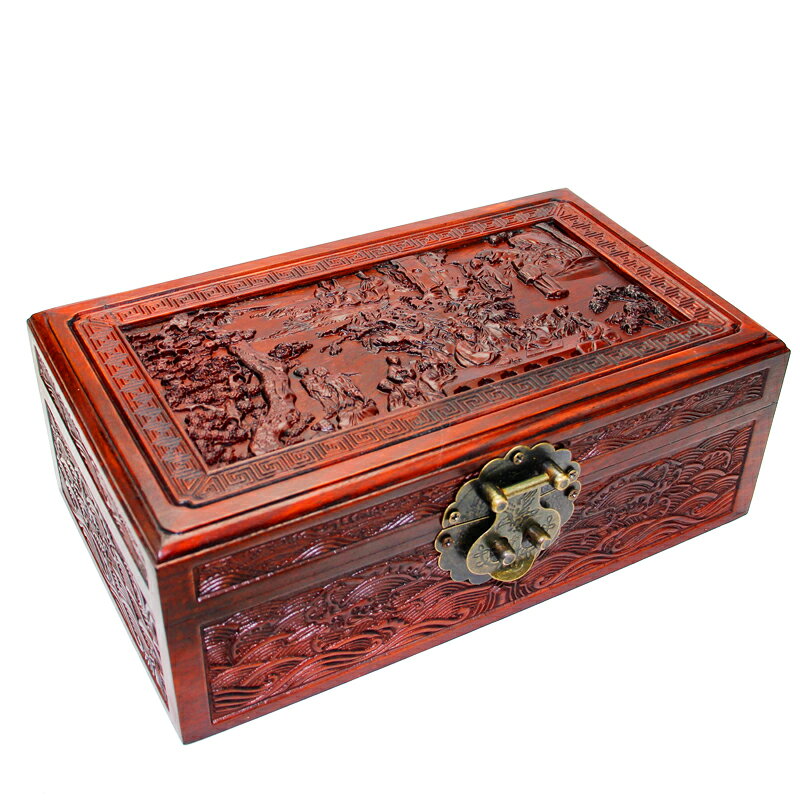 檀木製 細密彫 玉嵌 首飾盒 收納盒 文房具 書道品 置物 賞物