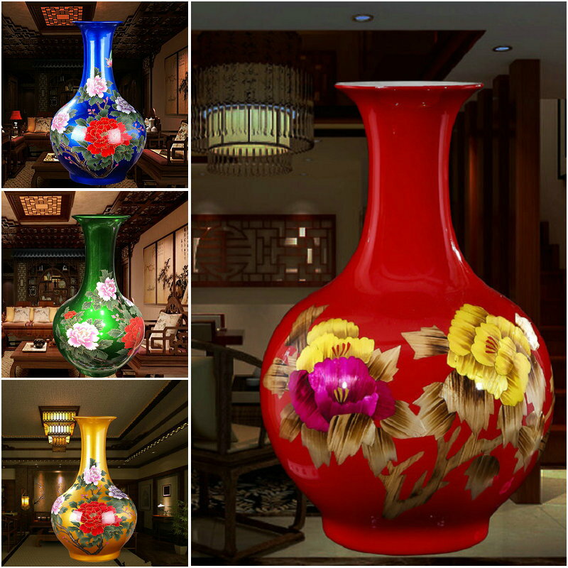 景德鎮陶瓷器花瓶紅色黃藍牡丹插花家居現代中式客廳擺件裝飾擺設