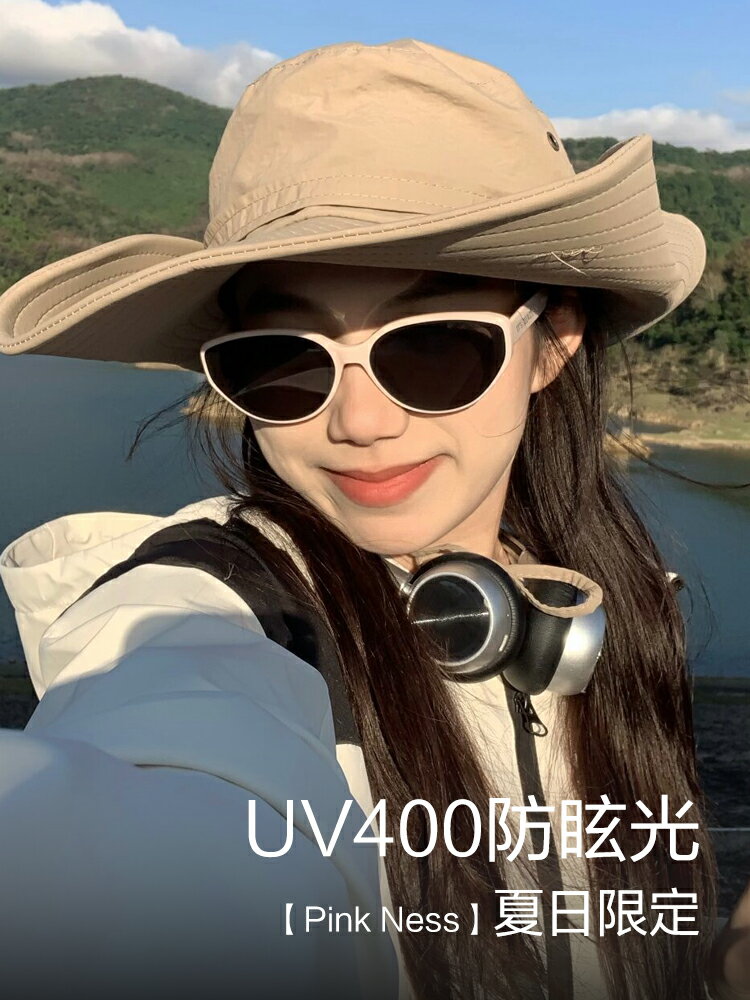 2024新款粉框墨鏡女貓眼復古防紫外線太陽鏡大臉顯瘦旅行海邊白框