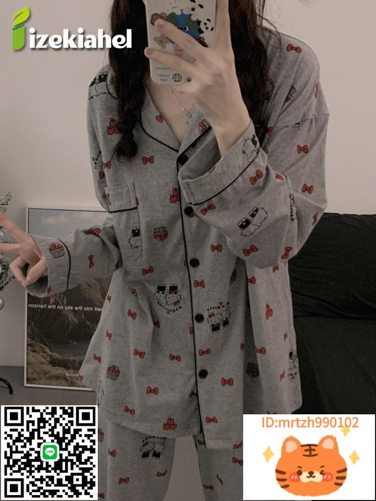 日本代購貓咪睡衣女2024新款春秋夏季純棉家居服可愛灰色卡通套裝-時尚精品