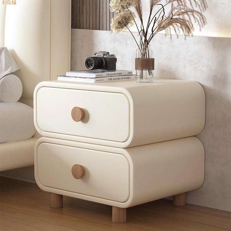 奶油床頭柜臥室實木家用簡約床邊現代小柜子安裝極簡小型收納新款