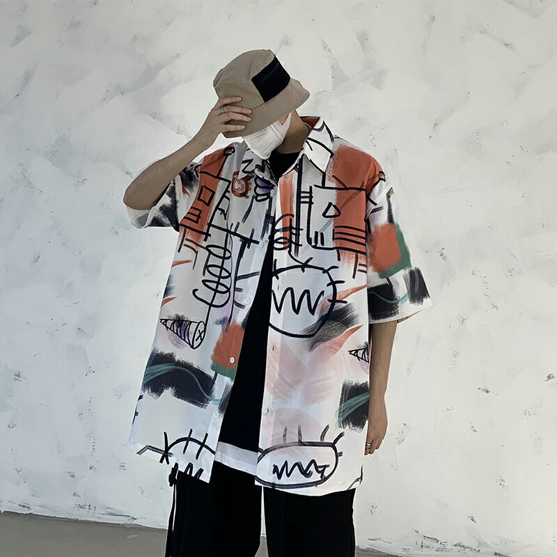 vintage嘻哈涂鴉美式潮牌花襯衫男短袖夏季高級感hiphop襯衣外套