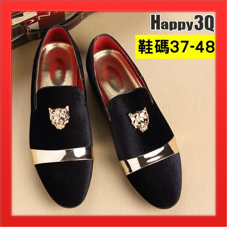 磨砂皮鞋絨面鞋金色豹頭圓頭淺口平底鞋子-黑46【AAA4006】