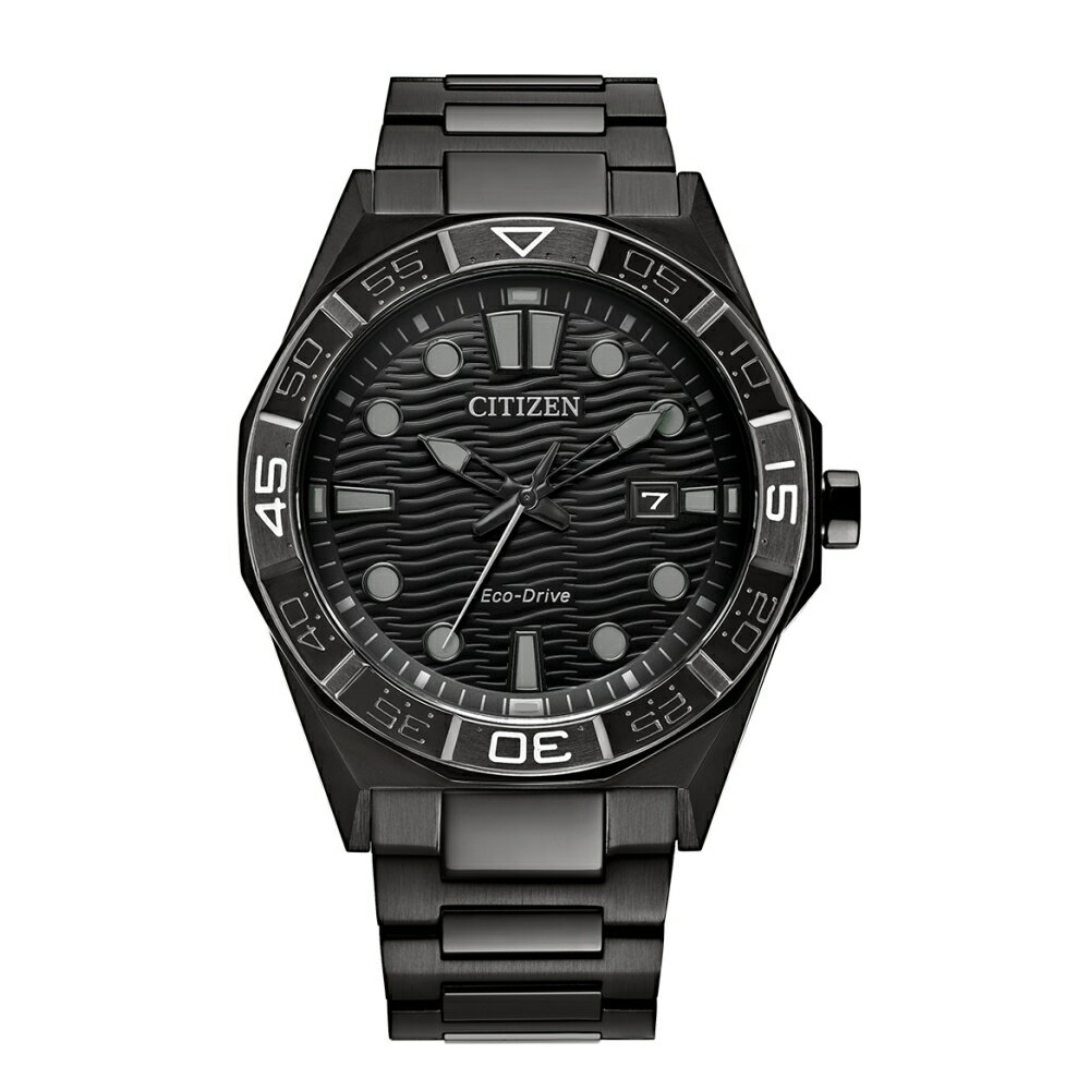送禮首選★CITIZEN 星辰 GENTS 光動能 黑鋼浪紋錶盤潮手錶AW1855-52E 附提袋【全館滿額折價★APP下單點數4倍送】線上購買享_實體門市同步服務
