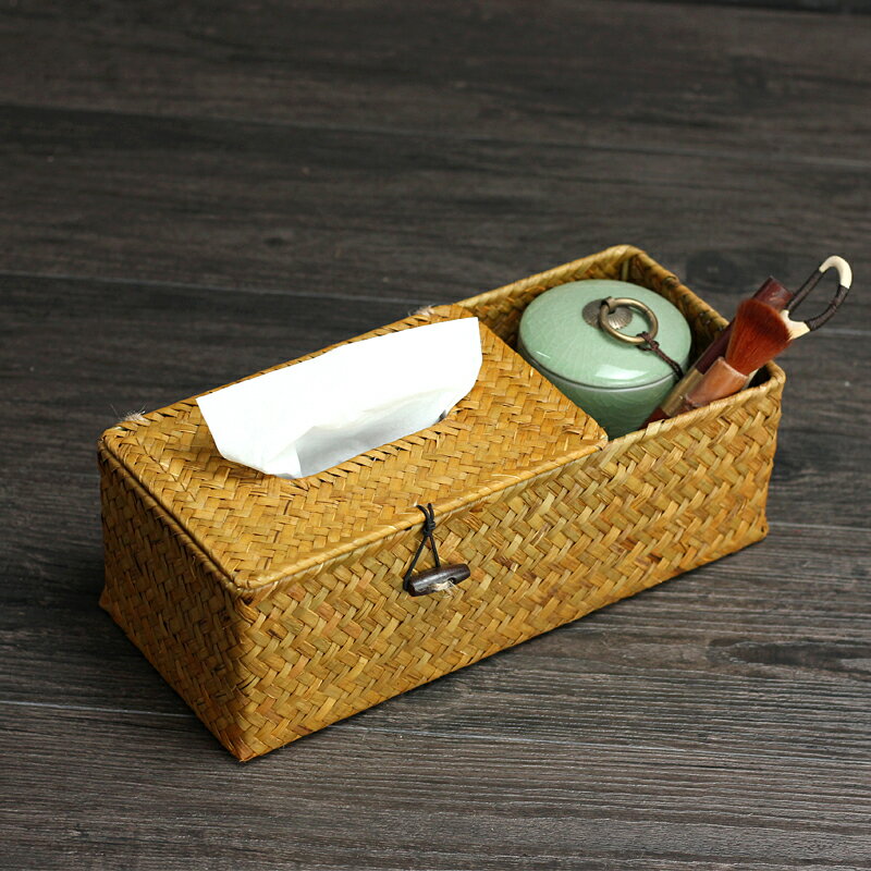 創意草編紙巾盒竹編桌面收納盒多功能抽紙盒遙控器收納客廳餐巾盒