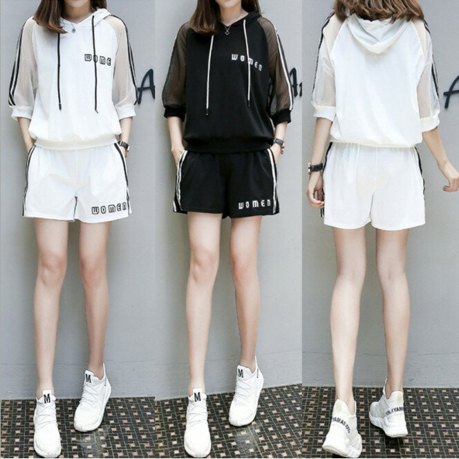 中大尺碼女裝 韓版寬鬆五分袖連帽休閒運動套裝 女短褲 兩件套 連帽T恤+短褲 櫻桃嚴選 5