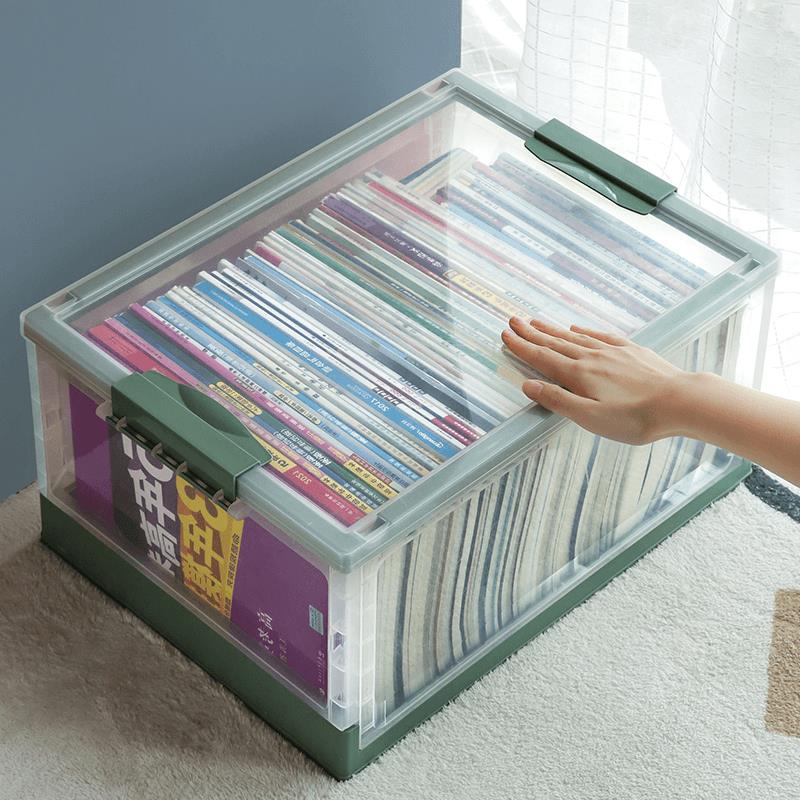 帶輪書箱書本收納箱 透明 學生教室用放書籍裝書的整理箱子盒可折疊