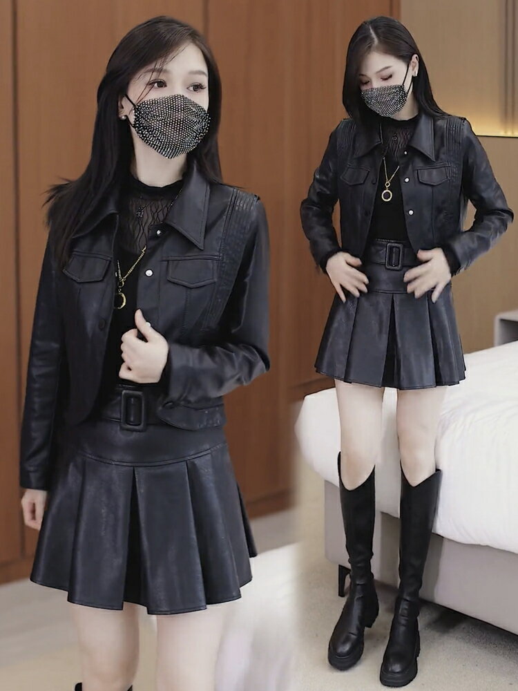 免運 皮衣外套女 流行皮衣套裝春秋小款外套女短款洋氣高階感歐貨2024爆款上衣