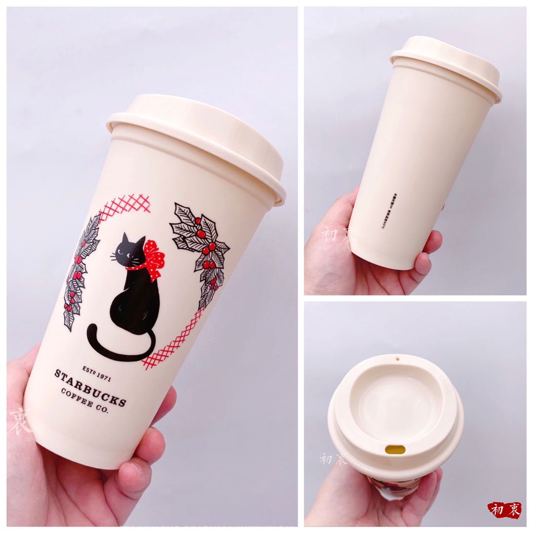 台灣星巴克塑膠可重複使用環保杯 黑貓祝福kermit隨行杯