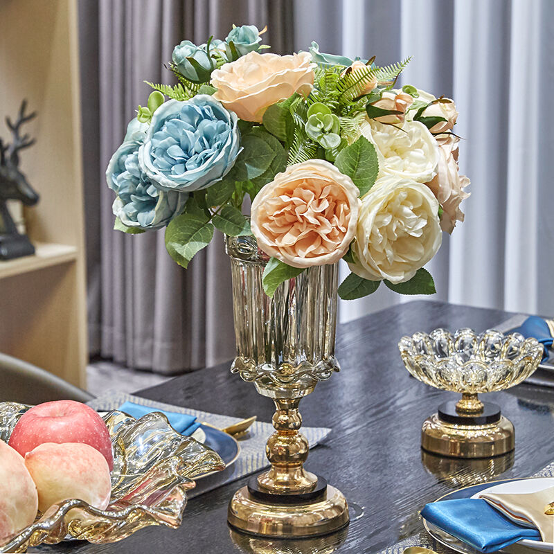 輕奢高檔金屬水晶玻璃金色花瓶裝飾北歐美式家居客廳餐廳花藝擺設