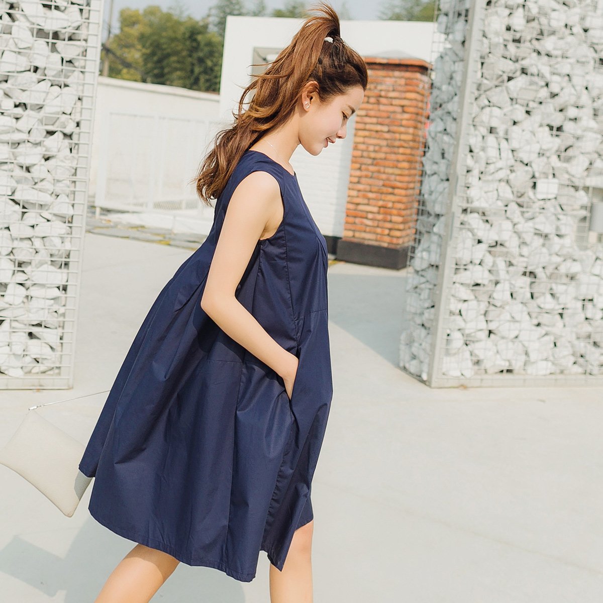 FINDSENSE G6 韓國時尚 棉布 純色 娃娃裙 潮流 燈籠裙 無袖 寬鬆 簡約 連身裙