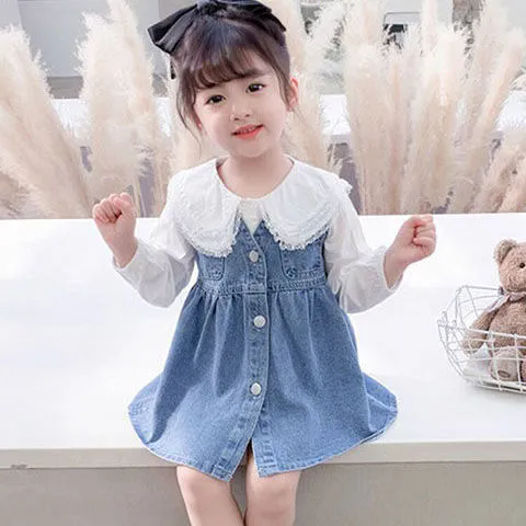 兒童洋裝 女童牛仔連衣裙 襯衫裙套裝 兒童連身裙 女寶寶洋氣小童兩件套 百搭女孩洋裝 女生連身裙【不二雜貨】